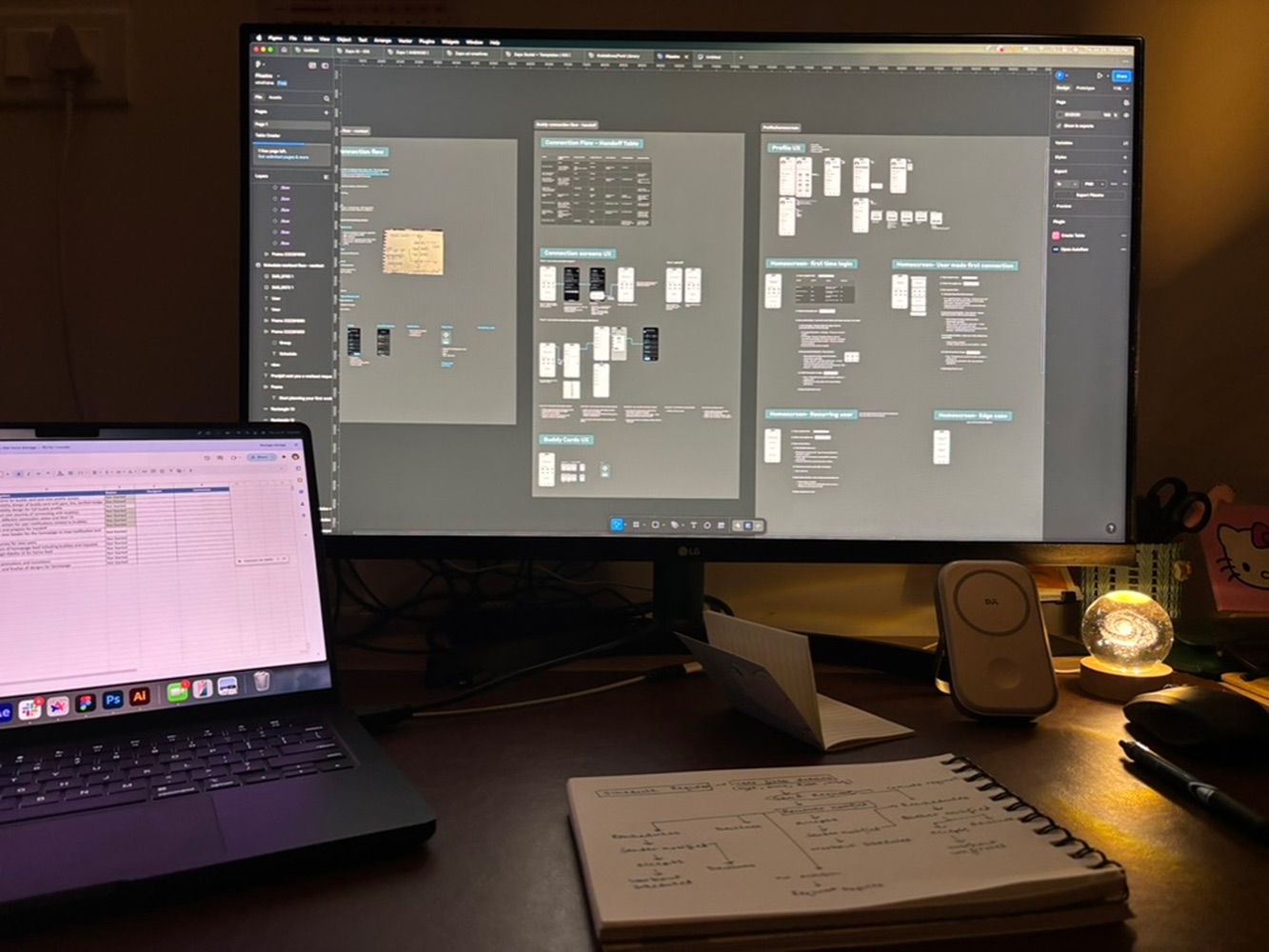 Working on the connection flow and handoff table in Figma, with a notebook of flow diagrams open on the desk