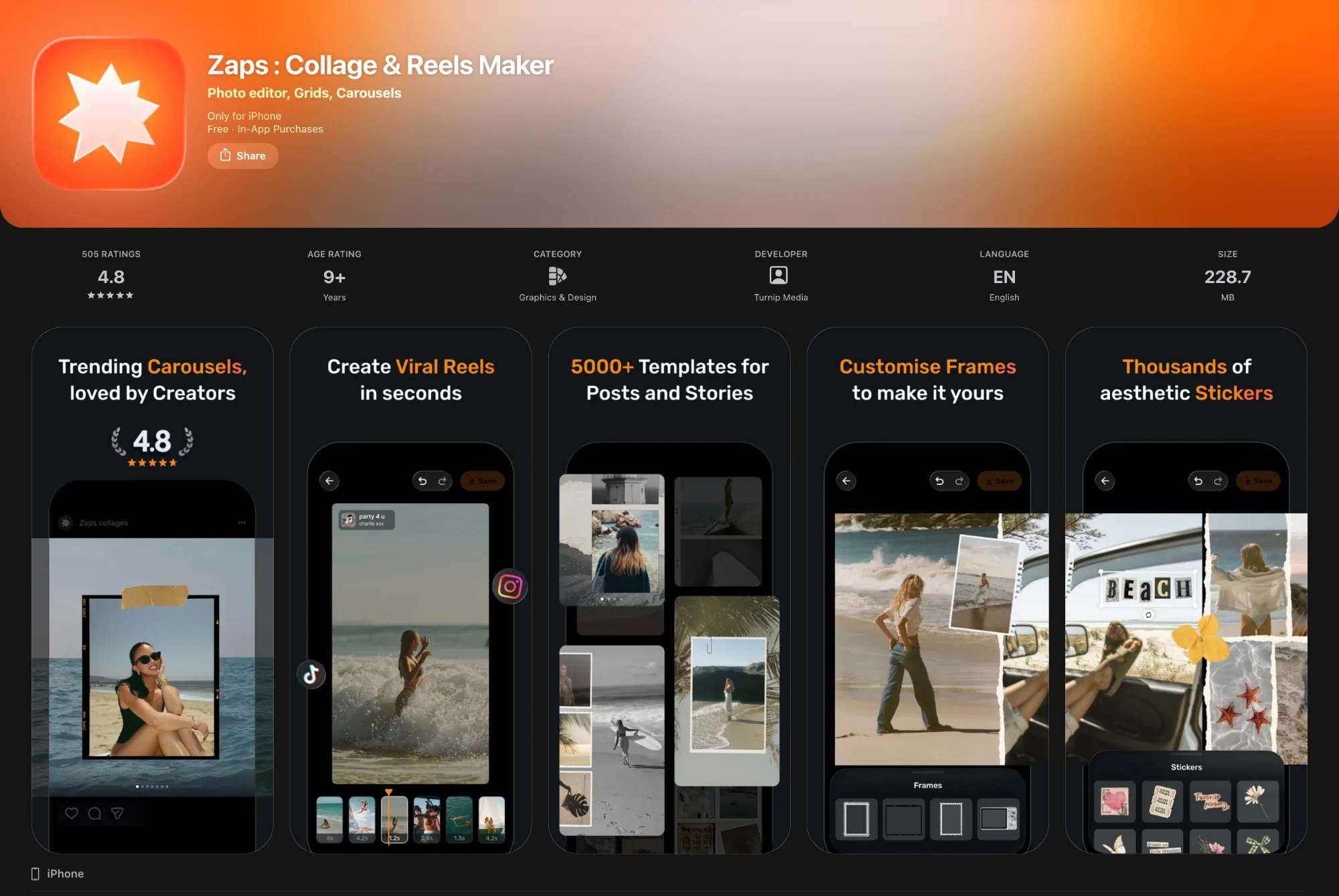 The Zaps App Store listing — icon, title and five screenshots covering carousels, reels, templates, frames and stickers